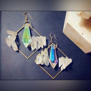 Handmade Large Brass Diamond Frame Quartz Crystal Prism Point Dangle Earrings